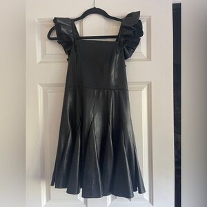 Alice + Olivia Black faux vegan leather dress fit & flare ruffle dress sz 2 EUC